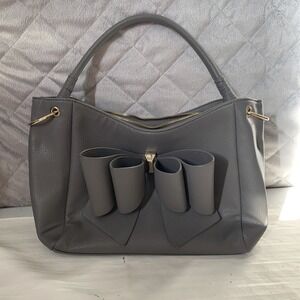 Grossi Jenna Purse Triple Compartment Bowtie Satchel Hand Bag Warm Grey